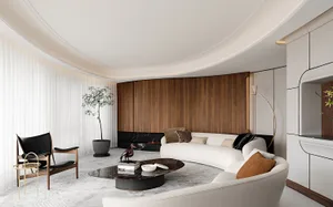 Modern interior design featuring a living room with white leather couches, a wooden wall, and a marble coffee table.
