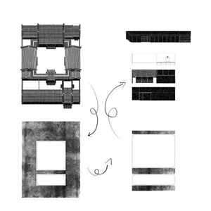 Architectural drawing of a modern office interior with mixed materials.