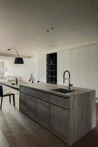 A modern residential kitchen featuring grey concrete cabinets, a sink, and a matching countertop.