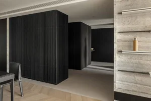 A minimalist apartment with concrete walls and wooden features.