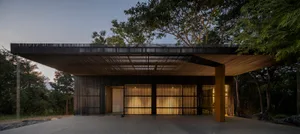 Modern residential exterior with wood elements