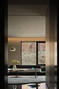 A minimalist living room with modern lighting and views of nature through large windows.
