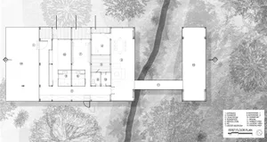 Modern interior floor plan with wood finishes.