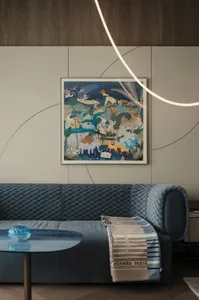 A modern living room featuring a blue sofa, vinyl rug, and abstract painting.