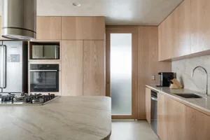 A modern kitchen featuring wooden cabinets, a marble countertop, and stainless steel appliances.