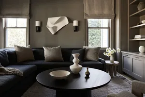 A modern living room with a dark sofa, neutral-toned cushions, and a round coffee table with decorative items.