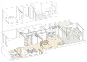 Interior design of a residential space featuring industrial materials and furniture.