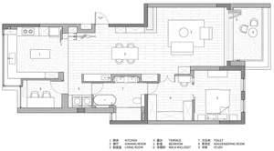 A modern living space floor plan featuring a contemporary design with concrete flooring.