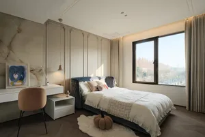 A modern bedroom featuring a large bed, stylish furniture, and a large window with a view of nature.
