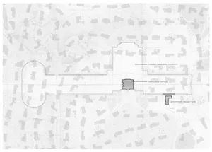 A black and white architectural drawing depicting the layout of a project site, including the Former Carolands Property, Caro