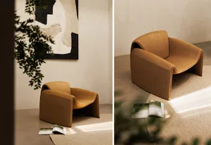Modern living room with a cushioned chair, books, and a plant.
