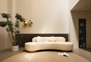 A modern living room with a sleek, curved sofa upholstered in textured canvas and two spherical metallic wall decorations.