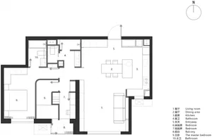 Floor plan of a minimalist apartment with living room, dining area, kitchen, bedrooms, bathrooms, balcony, and entryway.
