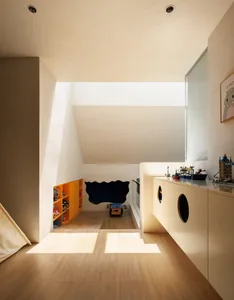 Minimalist playroom with wooden furniture