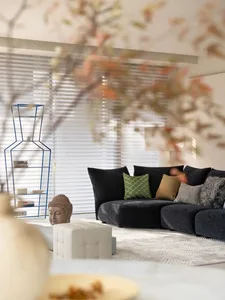 Modern living room featuring a black sofa with various cushions and a metallic blue shelving unit.