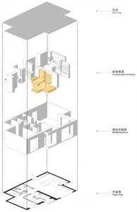 Isometric view of a designed interior space showcasing customized furniture.