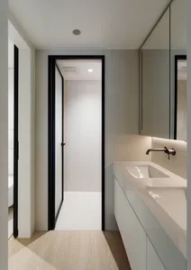 Modern bathroom featuring white tiled walls and minimalist porcelain fixtures