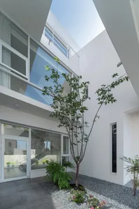 Modern interior space featuring white concrete and glass walls