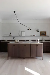 A minimalist kitchen featuring dark wooden cabinets, marble countertops, and metallic accents.