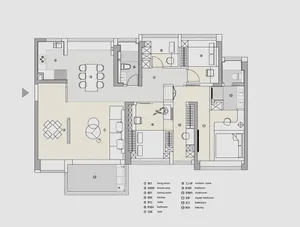 Floor plan of a modern apartment with grey tones and neutral-colored walls and furniture.