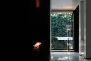 A modern entryway featuring a glass fireplace, large windows overlooking lush greenery, and sleek floor lamps.