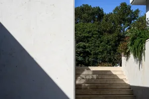 Modern stone staircase surrounded by greenery on a sunny day.