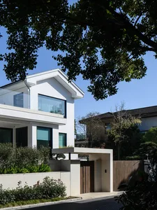 Modern home with white exterior and large windows