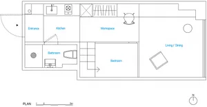 A black and white architectural floor plan of a modern small space, featuring a workspace, kitchen, living/dining, bedroom, a