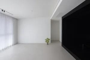 A minimalist living room with white concrete walls and floor, featuring a single plant.
