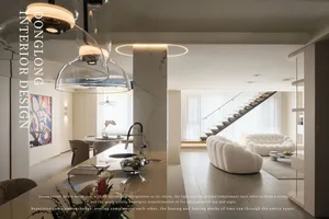 A modern living room featuring white marble surfaces and a cozy seating area.