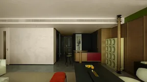 A modern living room with wooden and metallic furnishings.
