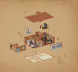 Cross-sectional view of a modern living space with wood materials.