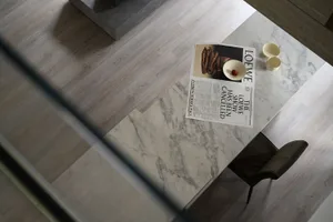 Minimalist interior design featuring marble flooring and furniture.