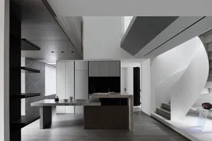 Modern kitchen with white minimalist design and integrated appliances