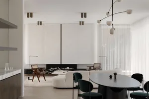 A minimalist living room featuring neutral-toned furniture and decor.