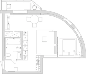 Architectural floor plan of a modern flat showing room layout and dimensions.