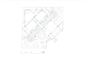 Modern home furniture layout plan with various sections and room configurations.