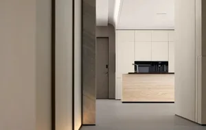 Modern kitchen with wooden countertop and minimalist design