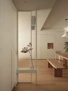 A modern, minimalist interior design featuring wooden furniture and clean lines.