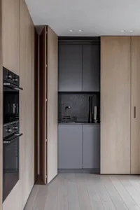 Modern minimalist kitchen with wooden cabinets and dark appliances, featuring sleek black stainless steel fixtures and a mini