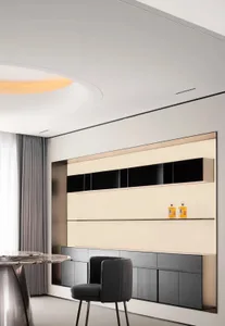 A modern minimalist living room with sleek, clean lines and a neutral color palette.