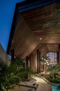A modern residential architecture with a concrete patio and palm trees