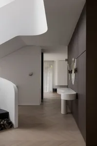 Minimalist bathroom interior with wood tiles and concrete