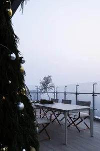 A well-decorated Christmas tree with a table setting in the background.