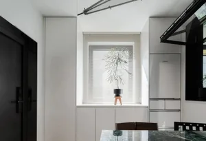 A minimalist kitchen featuring a plant on the windowsill and modern design elements.