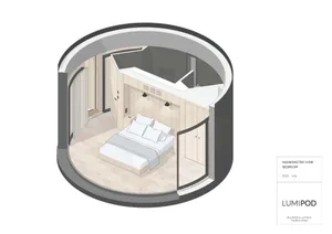 Cross-sectional view of a modern bedroom with wooden interior