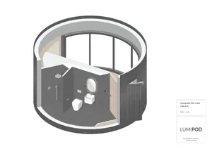 x-section view of a modern bathroom with black wood walls and floor, a walk-in shower, and a floating vanity.