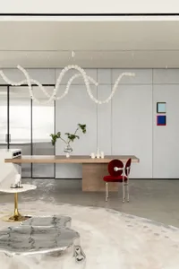 A modern interior design space featuring a mix of materials and textures.