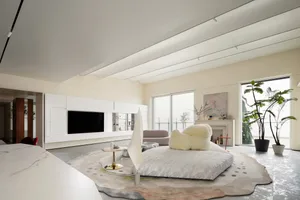 Modern living room with minimalist decor, large windows, and contemporary furniture.