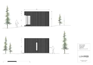 A detailed architectural drawing of a modern residential chimney made of brick material, with dimensions and measurements inc